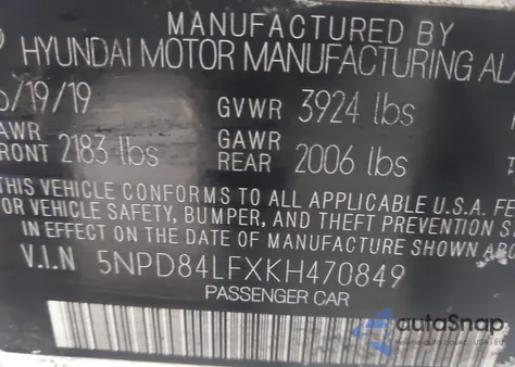 2019 Hyundai Elantra Sel from USA, damaged, VIN 5NPD84LFXKH470849